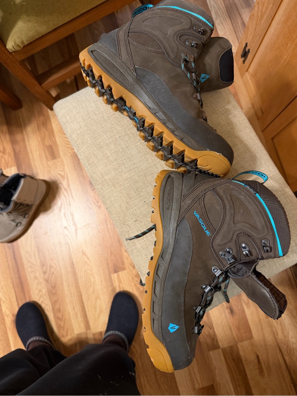 Vasque Kids Brown Boots with Blue Trim and Gum Outsoles